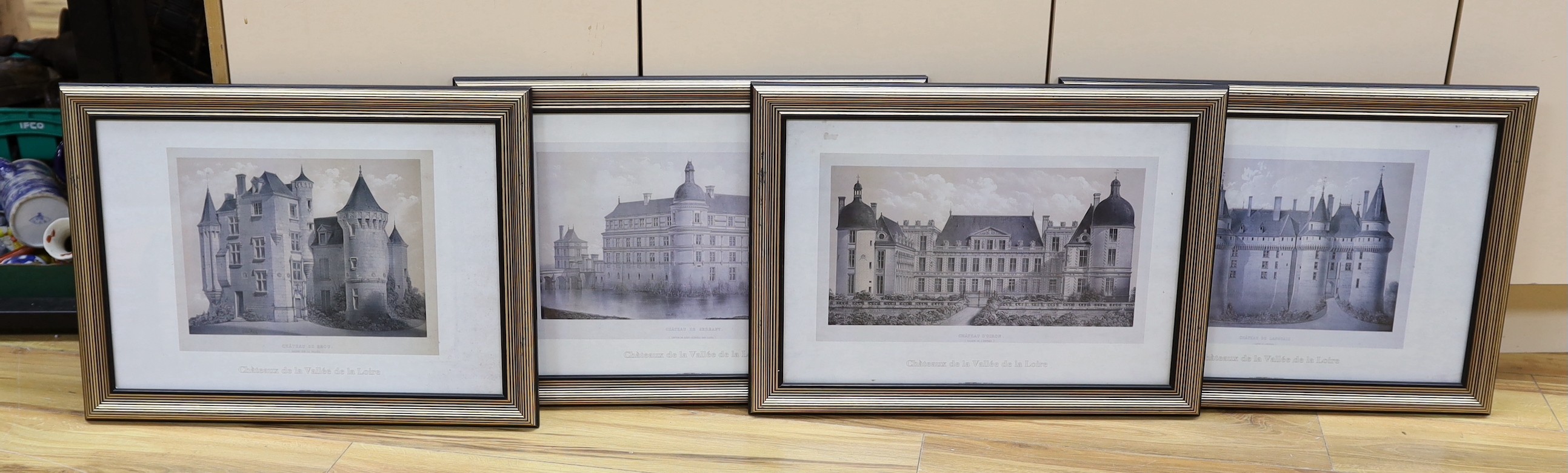 A set of four modern reprints of French chateau, 34 x 49cm